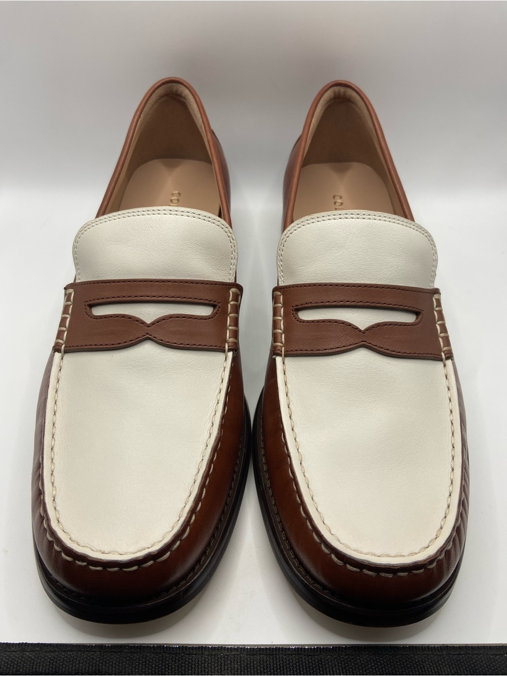 Cole Haan White and Brown Leather Penny Loafers - Picture 1 of 9